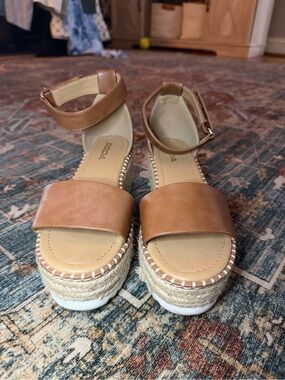 Soda Cognac Tan Espadrille Platform Sandals with Ankle Strap